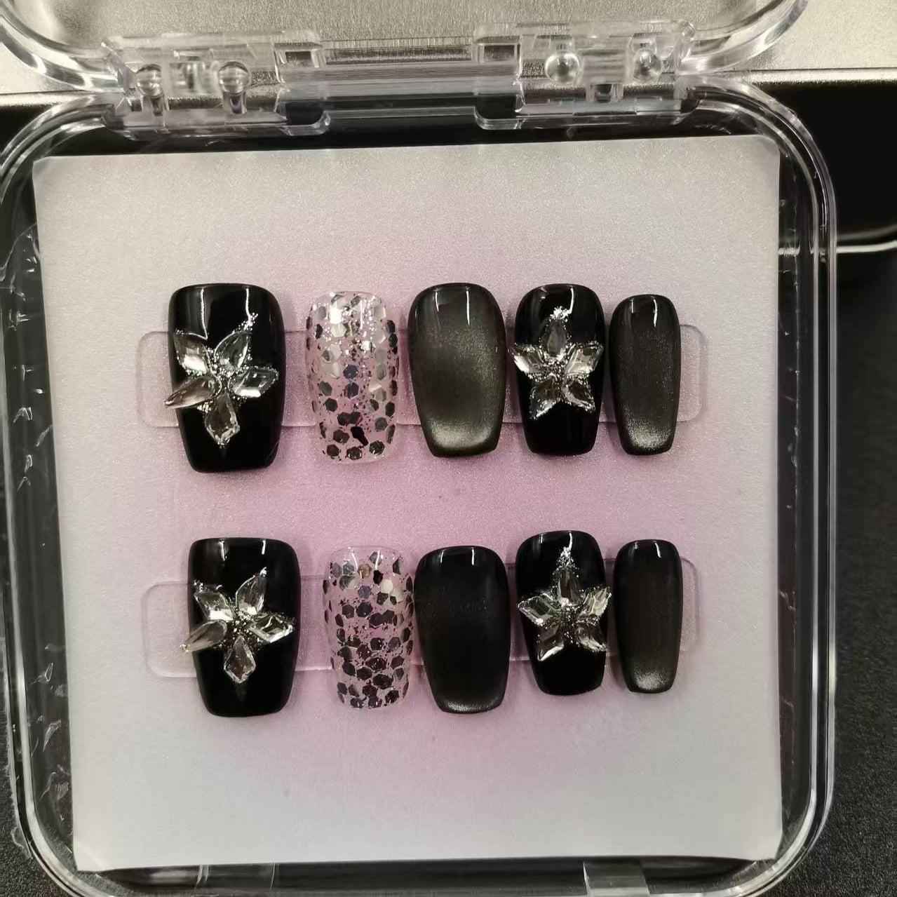 3D Crystal Star & Cateye Press On Nails - Short Square Black Tone Fake Nails with Glue Kit #1042