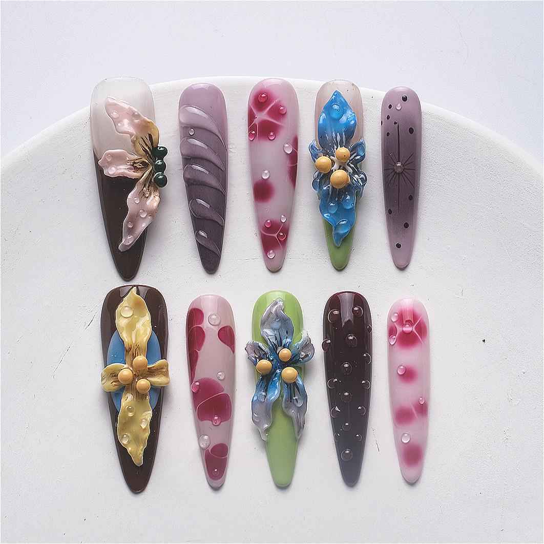 5D Water Ripple Press on Nails with Charms - Long Stiletto False Nails for Summer Daily Wear, Handmade DIY Manicure 1065