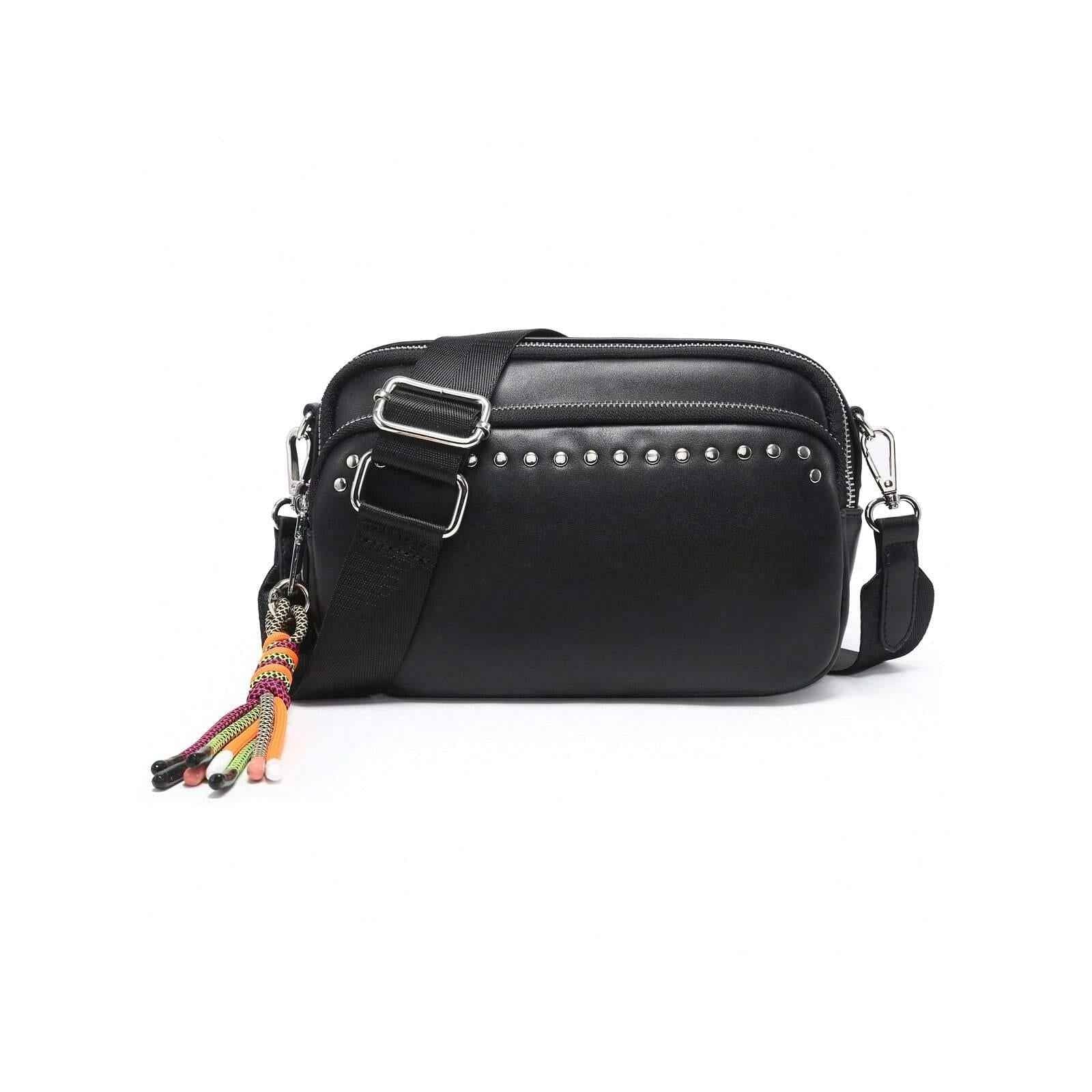 Women's Small Crossbody Bag - Beige & Black Square Purse with Multiple Pockets, Trendy Tassel & Wide Comfortable Nylon Guitar Strap