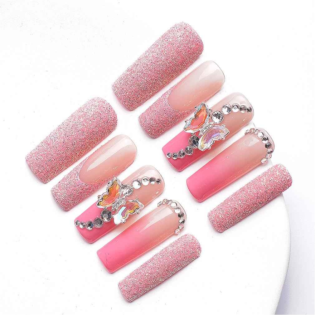 Handmade 3D Floral Press On Nails - Long Square Shape with Glitter Gradient Shiny Design, Artificial Acrylic Nails with Glue Butterfly