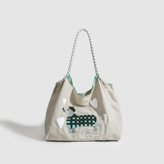 Embroidered Dog Pattern Hobo Bag - Large Capacity Nylon Shoulder Bag for Women Commuters -dropshippingabc.com