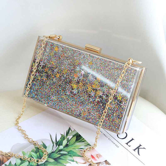 Womens Transparent Sequins Chain Clutch Evening Handbag Party Cross-body Purse