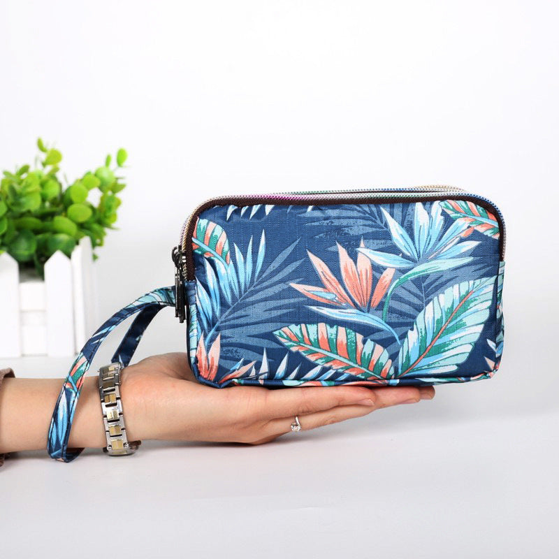 Floral Printed Fabric Wristlet Wallet for Women - Double Zipper Clutch with Wrist Strap