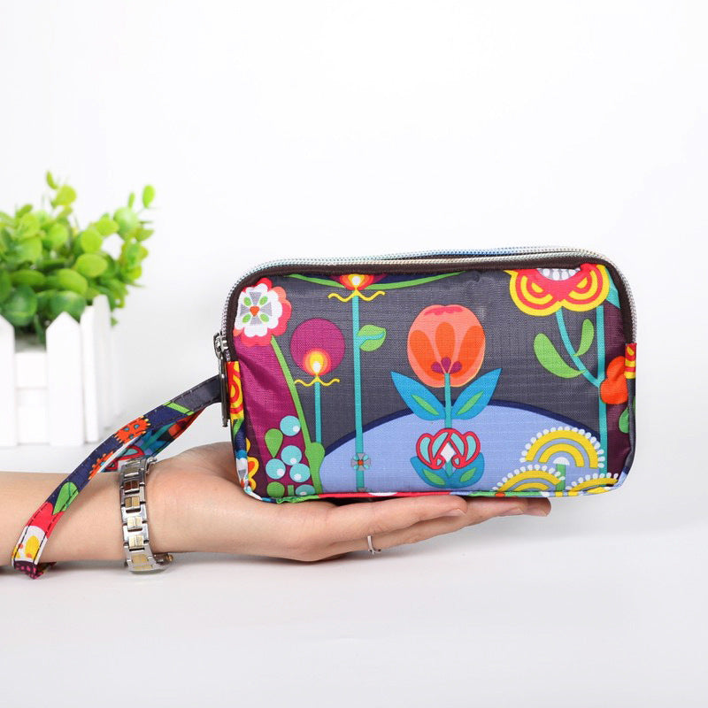 Floral Printed Fabric Wristlet Wallet for Women - Double Zipper Clutch with Wrist Strap