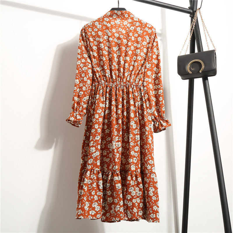 Long Sleeve Floral Print Chiffon Dress - Medium Lace Up Slim Fit Women's Dress