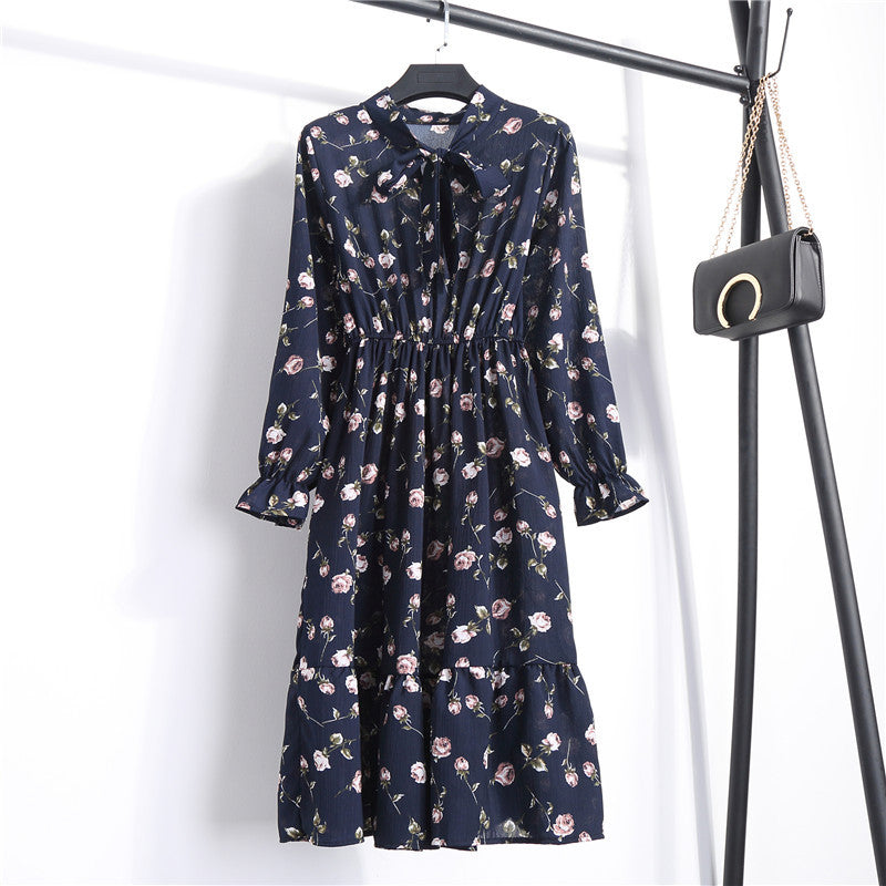Long Sleeve Floral Print Chiffon Dress - Medium Lace Up Slim Fit Women's Dress