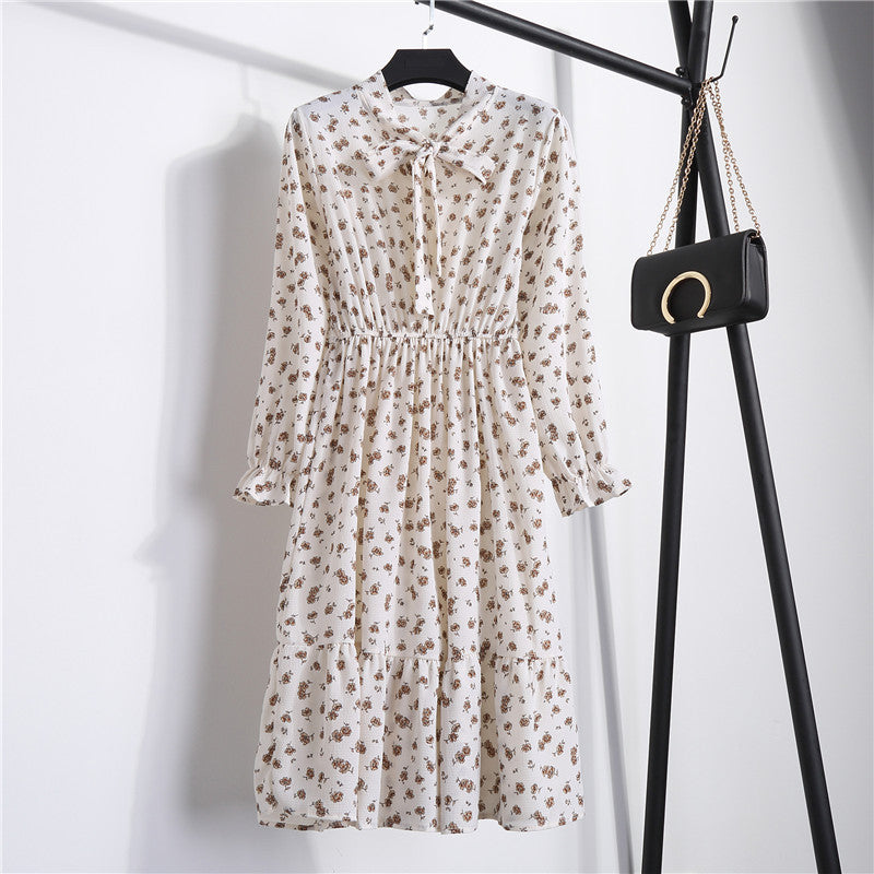 Long Sleeve Floral Print Chiffon Dress - Medium Lace Up Slim Fit Women's Dress