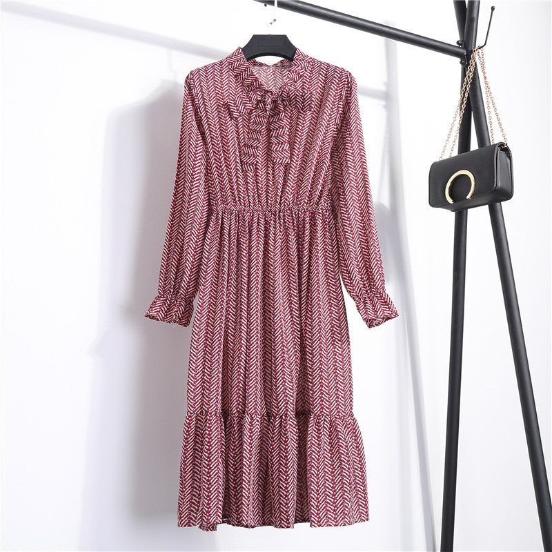 Long Sleeve Floral Print Chiffon Dress - Medium Lace Up Slim Fit Women's Dress