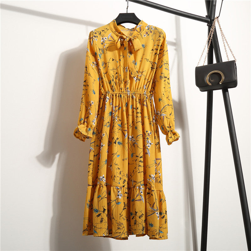 Long Sleeve Floral Print Chiffon Dress - Medium Lace Up Slim Fit Women's Dress