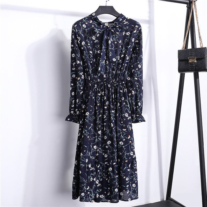 Long Sleeve Floral Print Chiffon Dress - Medium Lace Up Slim Fit Women's Dress -dropshippingabc.com