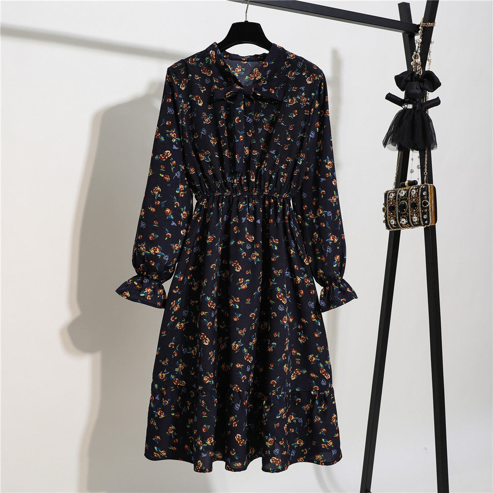 Long Sleeve Floral Print Chiffon Dress - Medium Lace Up Slim Fit Women's Dress -dropshippingabc.com
