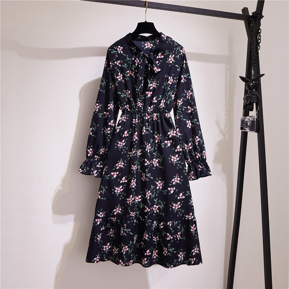 Long Sleeve Floral Print Chiffon Dress - Medium Lace Up Slim Fit Women's Dress