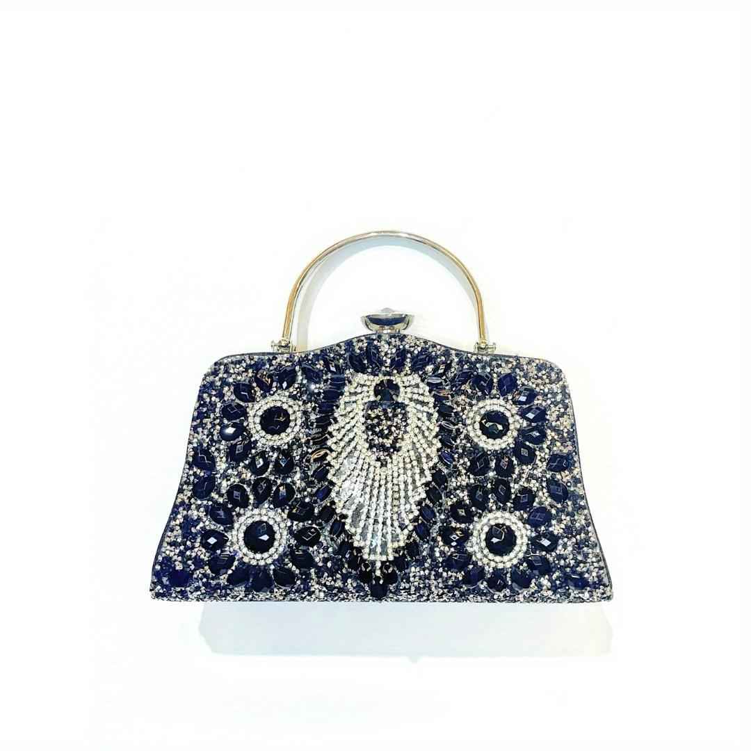 Nightout Bag with Diamond Inlaid Metal Handle - Large Evening Clutch Purse for Ladies Banquet, Single Shoulder & Crossbody Carry