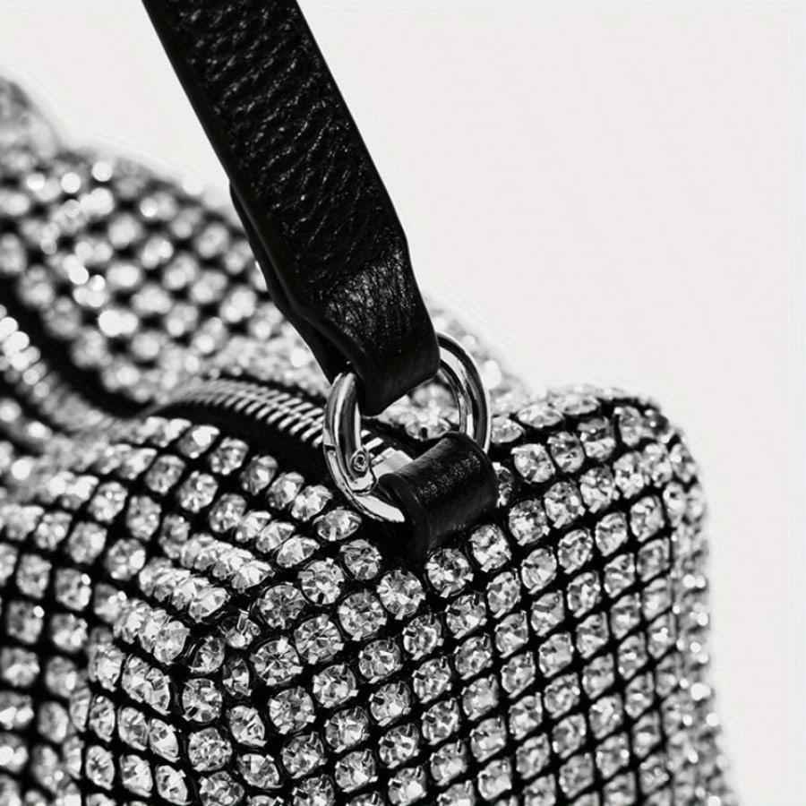 Fully Rhinestone Evening Bag - Rectangle Shape with Leather Handle & Detachable Crossbody Chain, Small Party Shoulder Purse