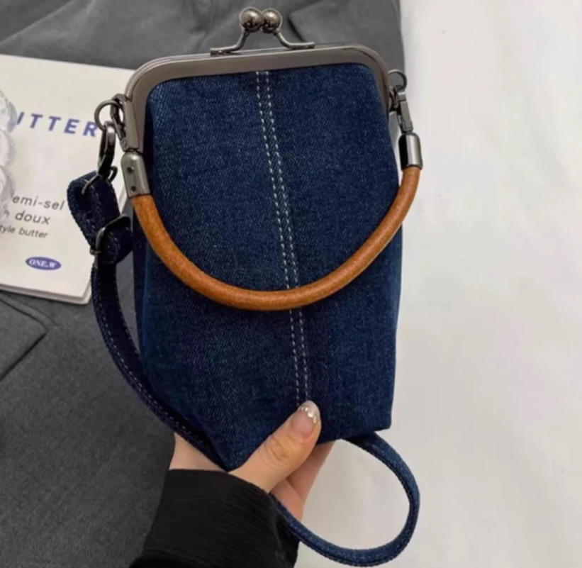 Denim Phone Bag with Clasp Closure - Soft Leather Handle & Adjustable Crossbody Strap -dropshippingabc.com