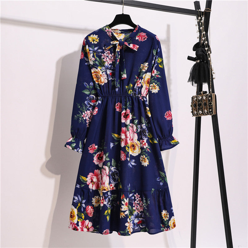 Long Sleeve Floral Print Chiffon Dress - Medium Lace Up Slim Fit Women's Dress -dropshippingabc.com