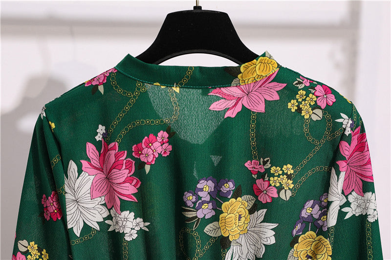 Long Sleeve Floral Print Chiffon Dress - Medium Lace Up Slim Fit Women's Dress -dropshippingabc.com