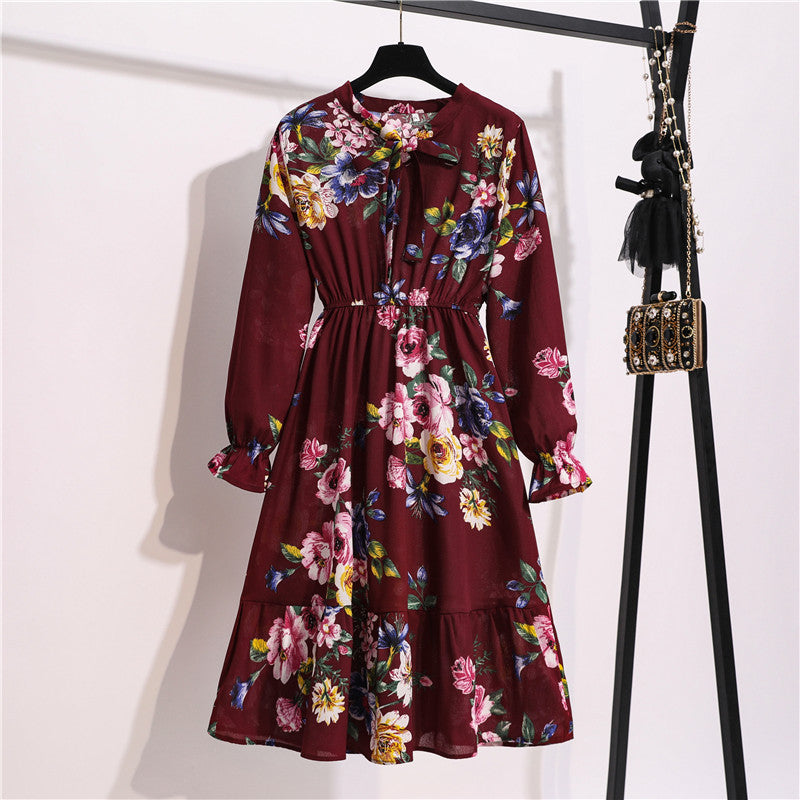 Long Sleeve Floral Print Chiffon Dress - Medium Lace Up Slim Fit Women's Dress -dropshippingabc.com