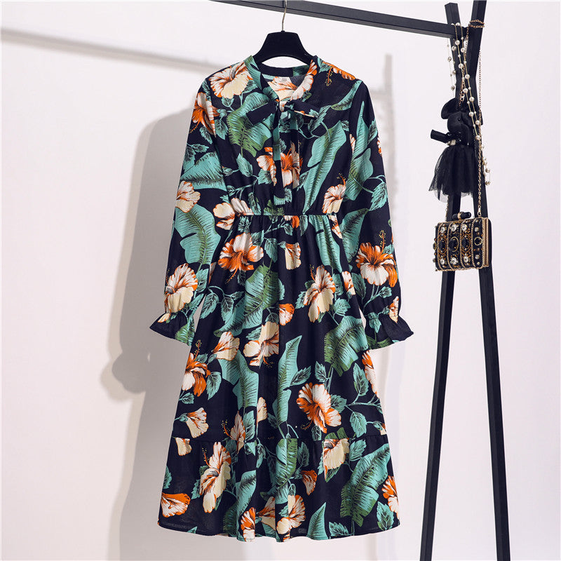 Long Sleeve Floral Print Chiffon Dress - Medium Lace Up Slim Fit Women's Dress -dropshippingabc.com