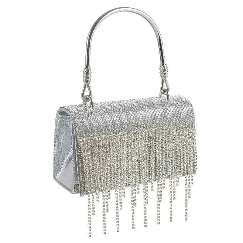 Rectangle Evening Clutch Purse with Glittering Rhinestone Tassel - Small Square Bag with Metal Handle & Detachable Chain