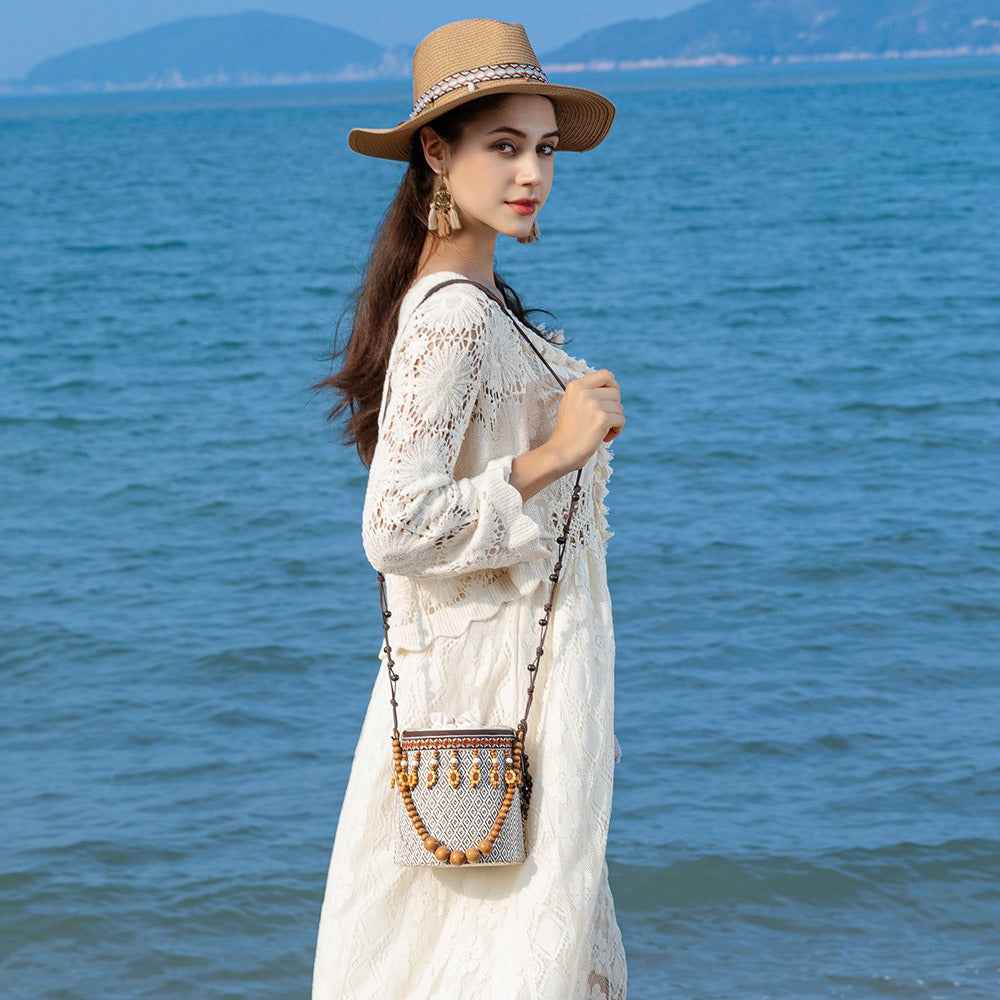 Bohemian Straw Bucket Bag - Small Woven Mini Shoulder Bag for Seaside Vacation & Leisure Travel