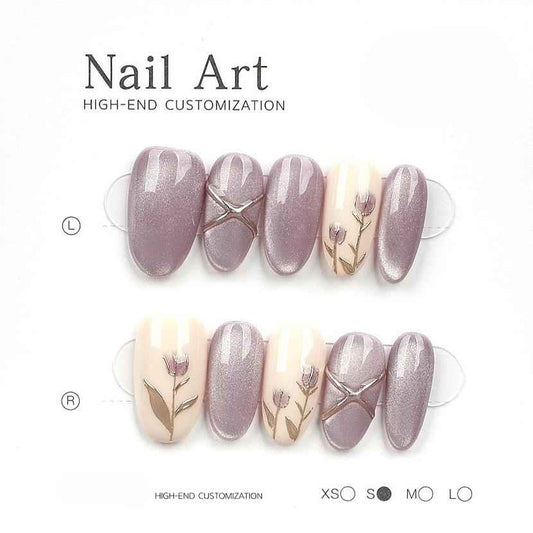 French Tips & Cat Eye Press On Nails - Short Almond Light Purple Taro Color Fake Nails Removable with Glue Kit #1046