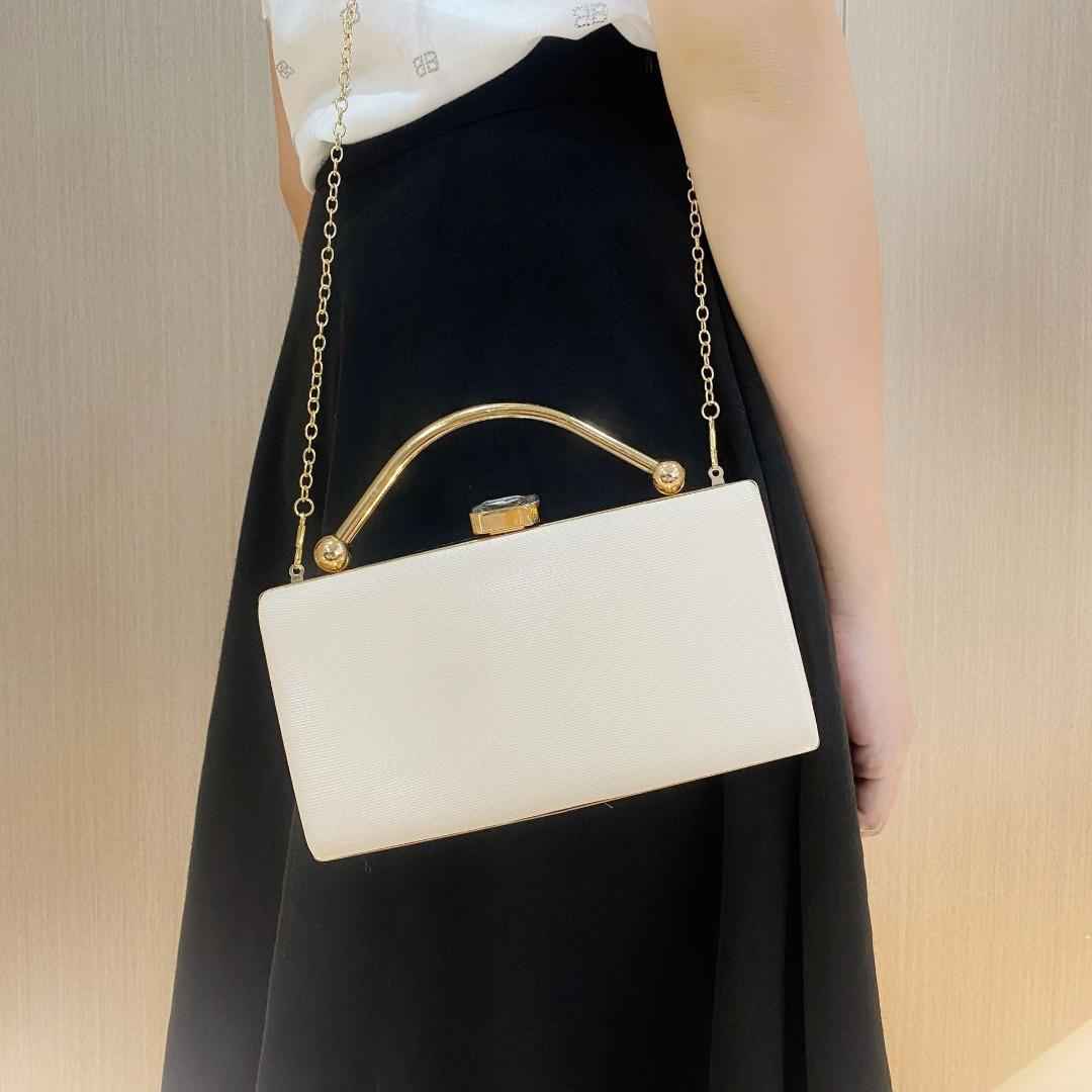 Rectangle Long Evening Purse - Leather Surface with Metal Top Handle & Detachable Crossbody Chain