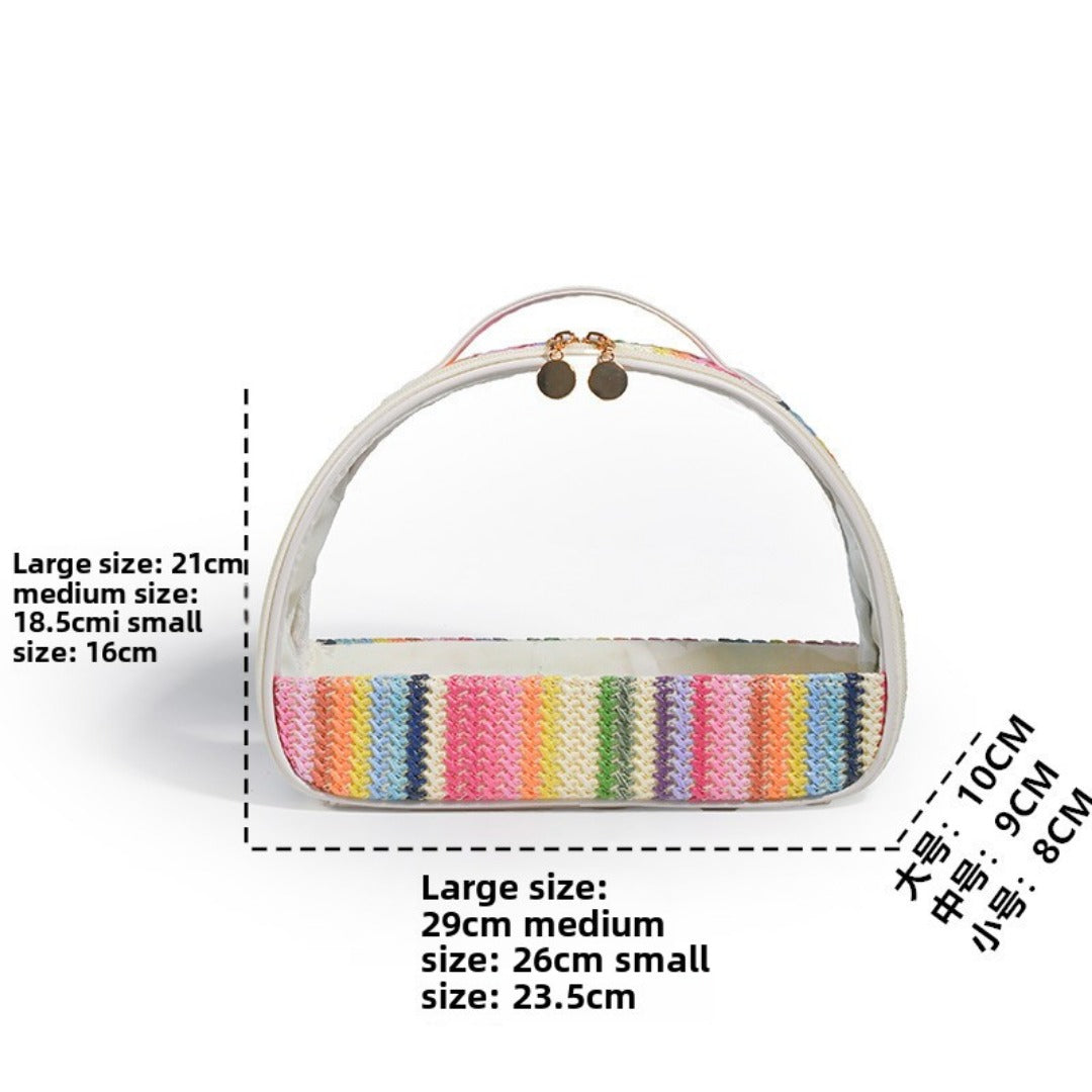 Semicircular Straw & PVC Cosmetic Bag - Waterproof Woven Travel Toiletry Organizer -dropshippingabc.com