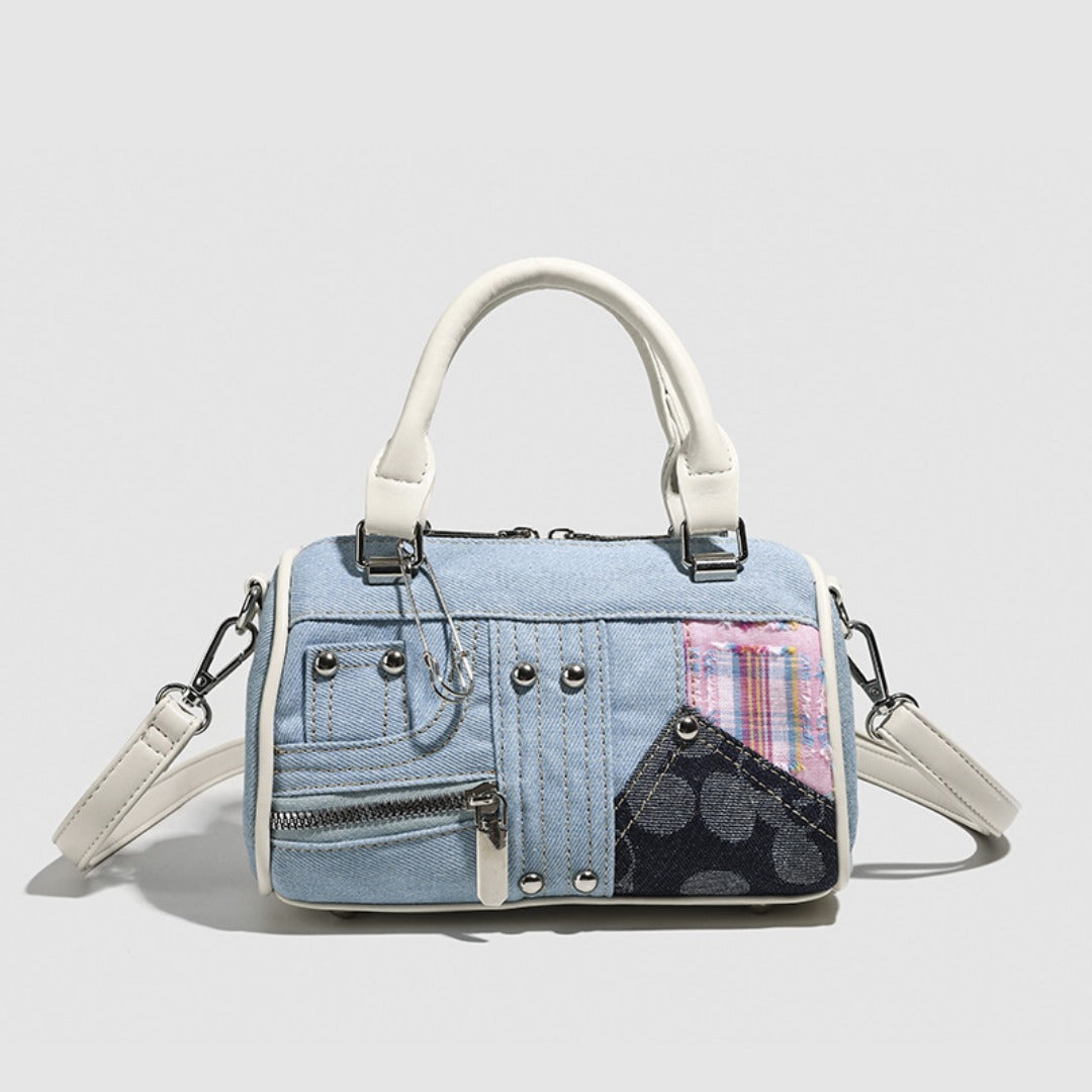 Denim Patchwork Boston Tote Bag for Women - Small Tote Purse with Detachable Crossbody Strap, Versatile Fashion Handbag for Girls -dropshippingabc.com