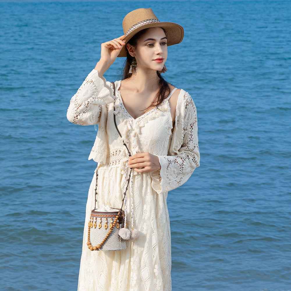 Bohemian Straw Bucket Bag - Small Woven Mini Shoulder Bag for Seaside Vacation & Leisure Travel