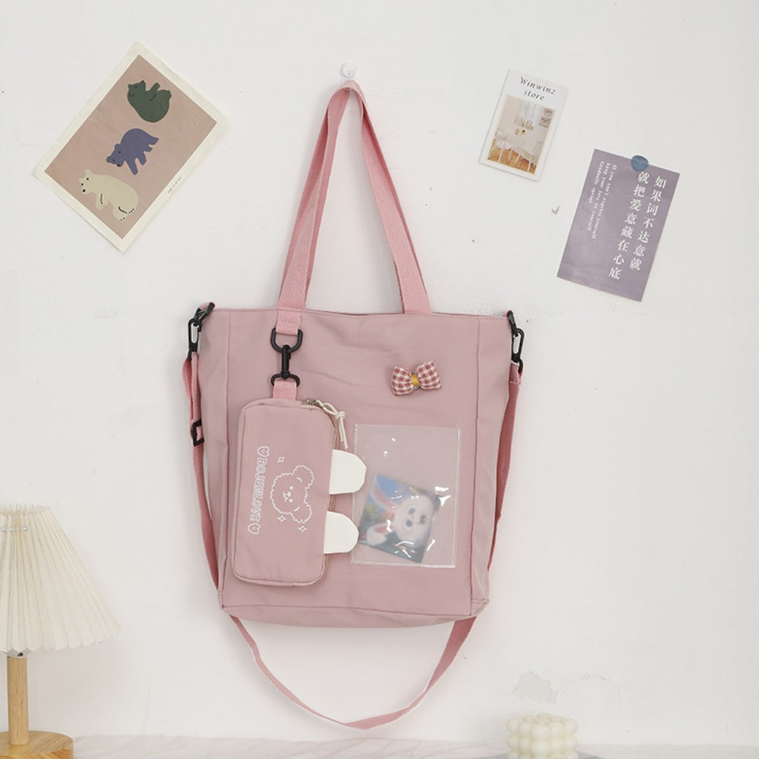 Cartoon Canvas Bag with Bunny Pendant - Cute Self-Contained Student Shoulder Tote Bag -dropshippingabc.com
