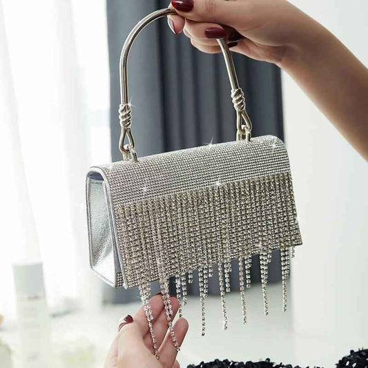 Rectangle Evening Clutch Purse with Glittering Rhinestone Tassel - Small Square Bag with Metal Handle & Detachable Chain