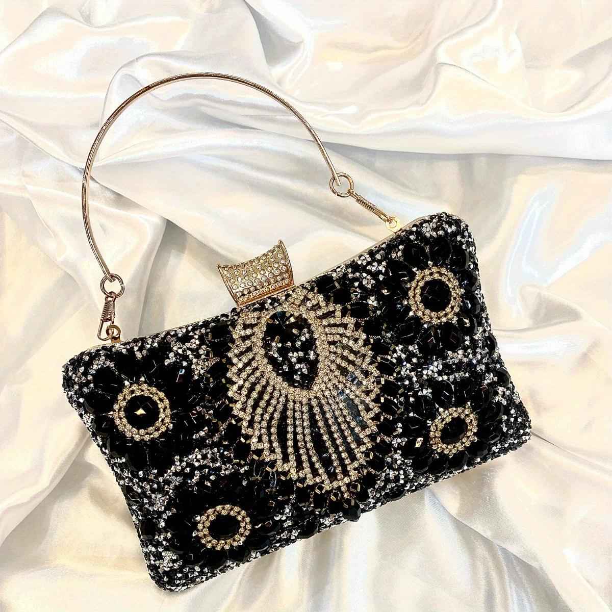 Handmade Rhinestone Evening Bag - Metal Top Handle Bar with Detachable Crossbody Chain for Party Prom Wedding