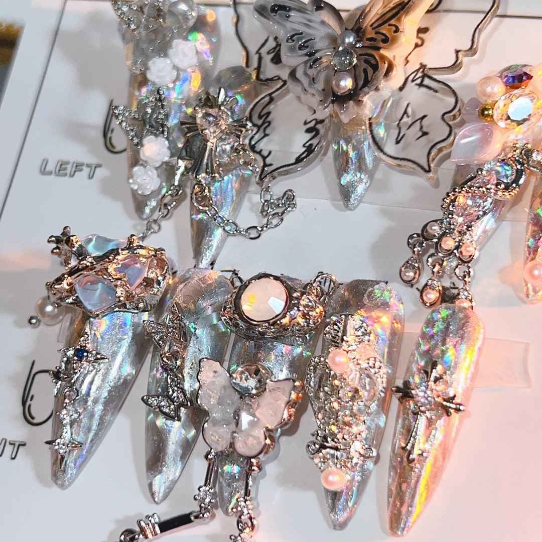 3D Butterfly & Bead Tassel Press On Nails - Short Stiletto Bohemian Fake Nails with Glue Kit #1017