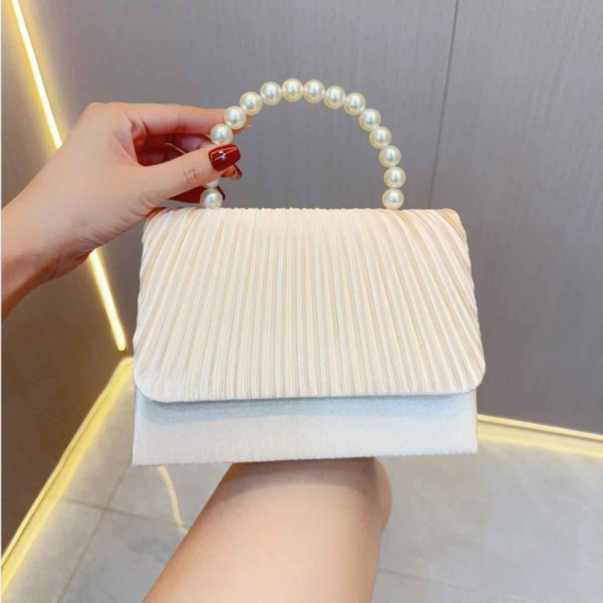 Women's Satin Pleated Evening Purse - Pearl Top Handle Flap Clutch, Unique French Banquet Bag for Party Prom