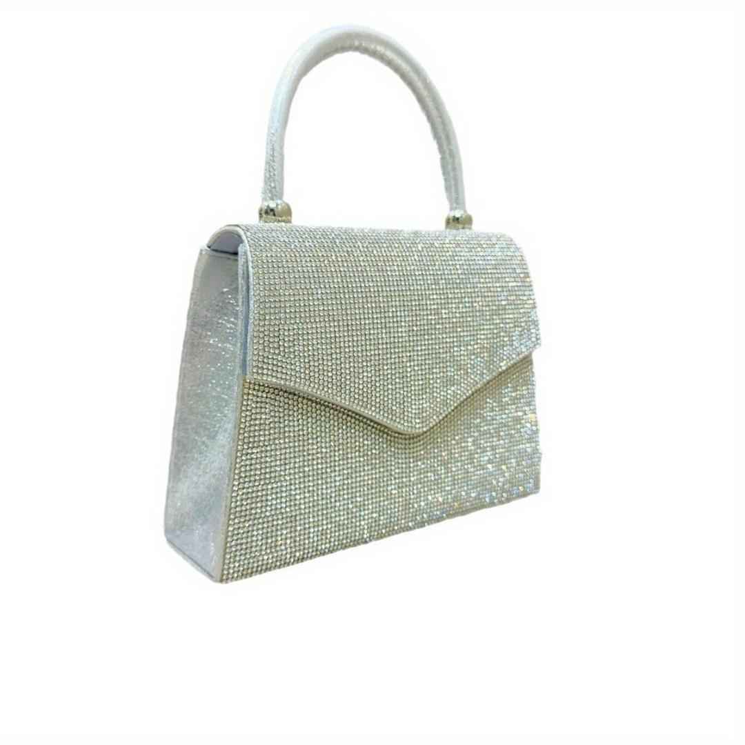 Square Rhinestone Evening Clutch for Women - Silver Dinner Bag with Leather Top Handle for Party & Dinner
