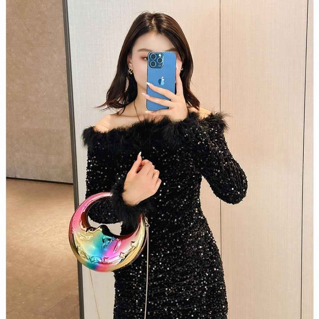 Moon Shape Acrylic Evening Bag - Unique Crescent Design Party Clutch Purse with Chain