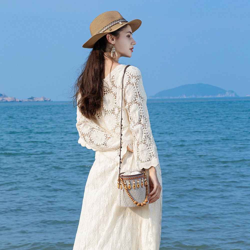 Bohemian Straw Bucket Bag - Small Woven Mini Shoulder Bag for Seaside Vacation & Leisure Travel