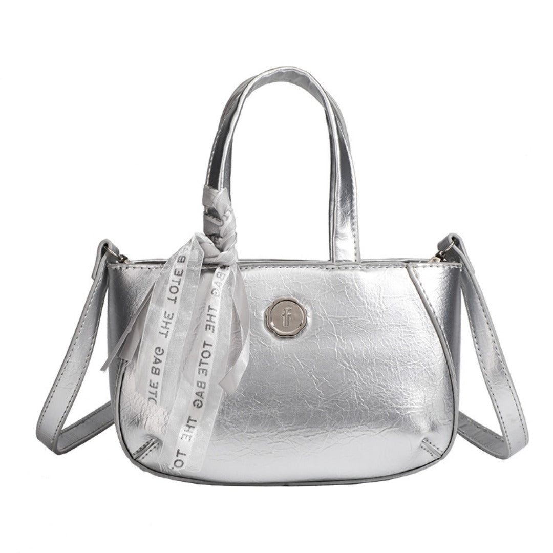 Metallic Small Tote Bag with Detachable Crossbody Strap - Fashionable Silver Square Handbag for Ladies -dropshippingabc.com