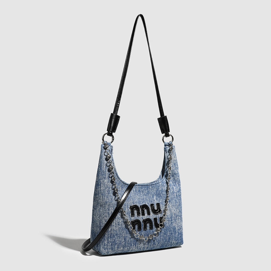 Simple Retro Small Crossbody Denim Slouch Bag - Versatile Denim Hobo Purse with Chain Strap -dropshippingabc.com