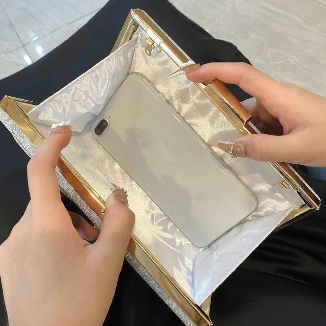 Long Rectangle Clutch Bag with Diamond Ribbon Button - Elegant Evening Purse for Wedding & Birthday Dinner