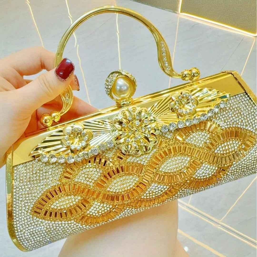 Long Rhinestone Evening Purse - Metal Top Handle Dinner Bag, Elegant Cocktail Dress Clutch for Parties