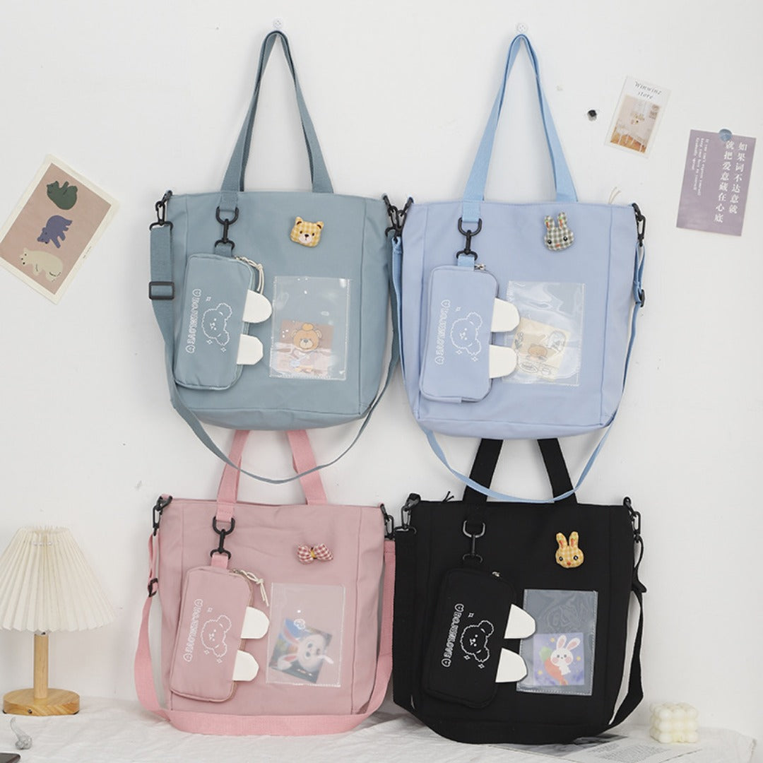 Cartoon Canvas Bag with Bunny Pendant - Cute Self-Contained Student Shoulder Tote Bag -dropshippingabc.com
