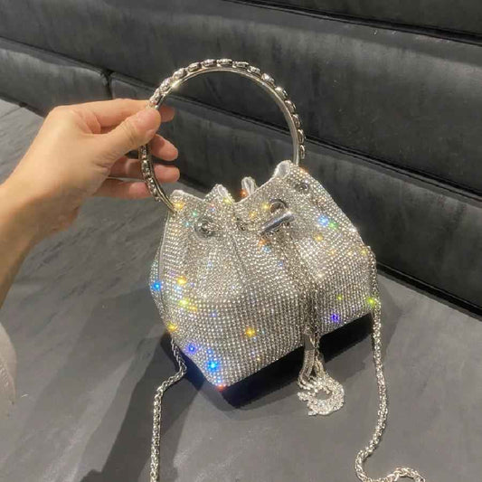 Glamorous Rhinestone Evening Bag - Gold & Silver Drawstring Clutch with Crossbody Chain for Wedding Prom Parties