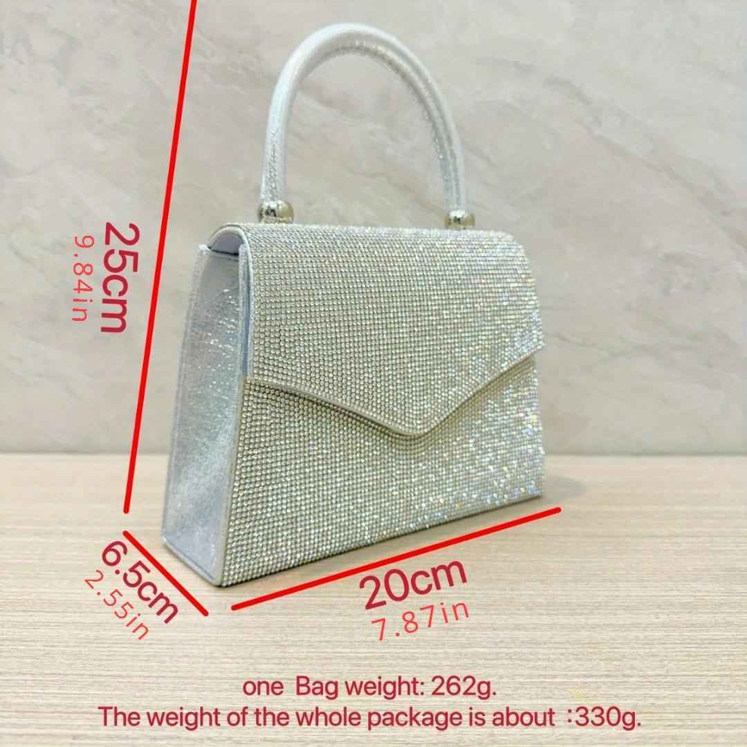 Square Rhinestone Evening Clutch for Women - Silver Dinner Bag with Leather Top Handle for Party & Dinner