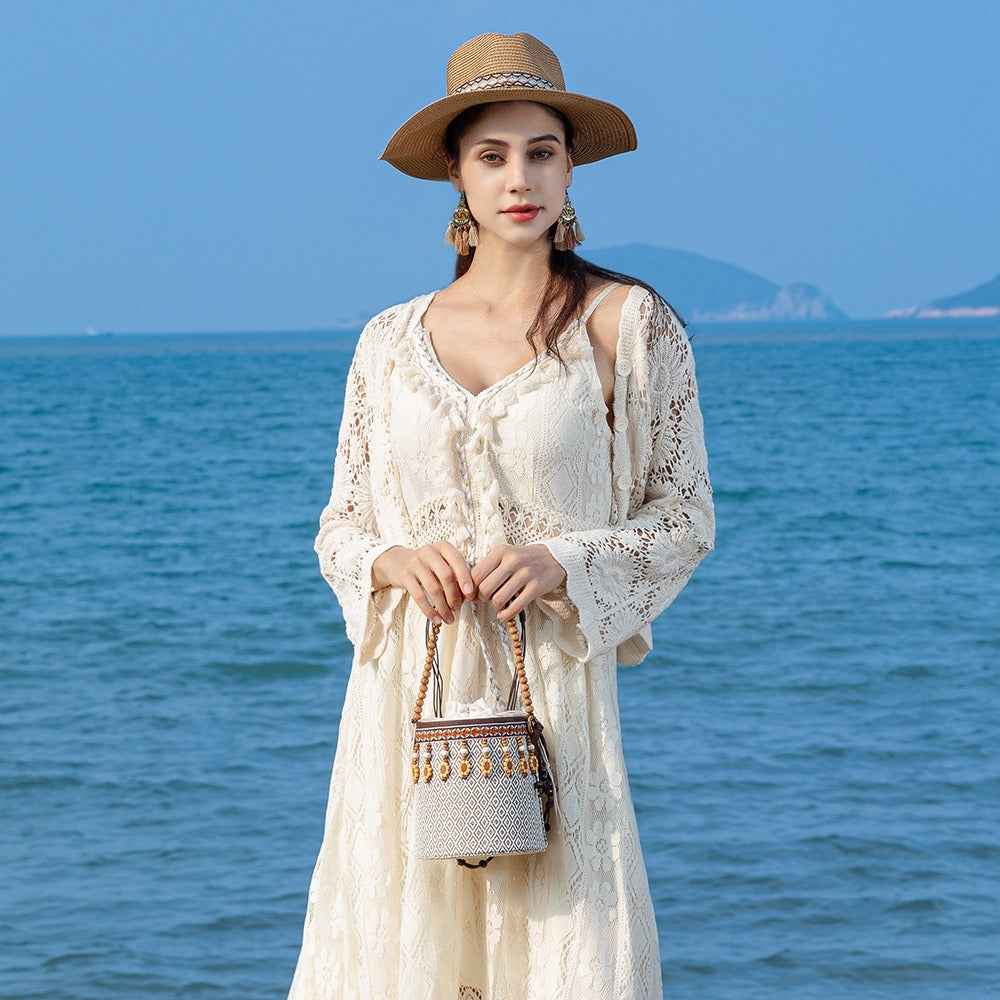 Bohemian Straw Bucket Bag - Small Woven Mini Shoulder Bag for Seaside Vacation & Leisure Travel