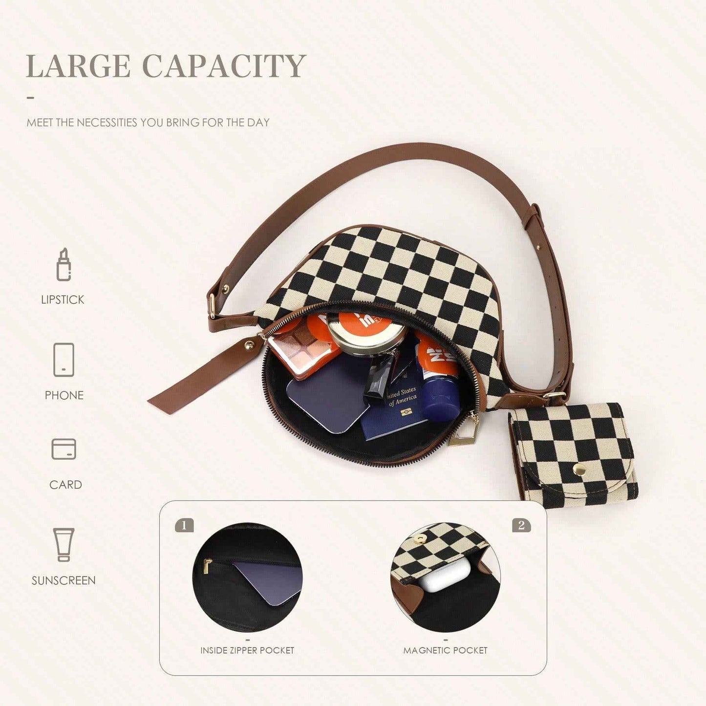 Checkerboard Chest Bag - Fashion Plaid Waist Bag & Messenger Fanny Pack for Everyday Use