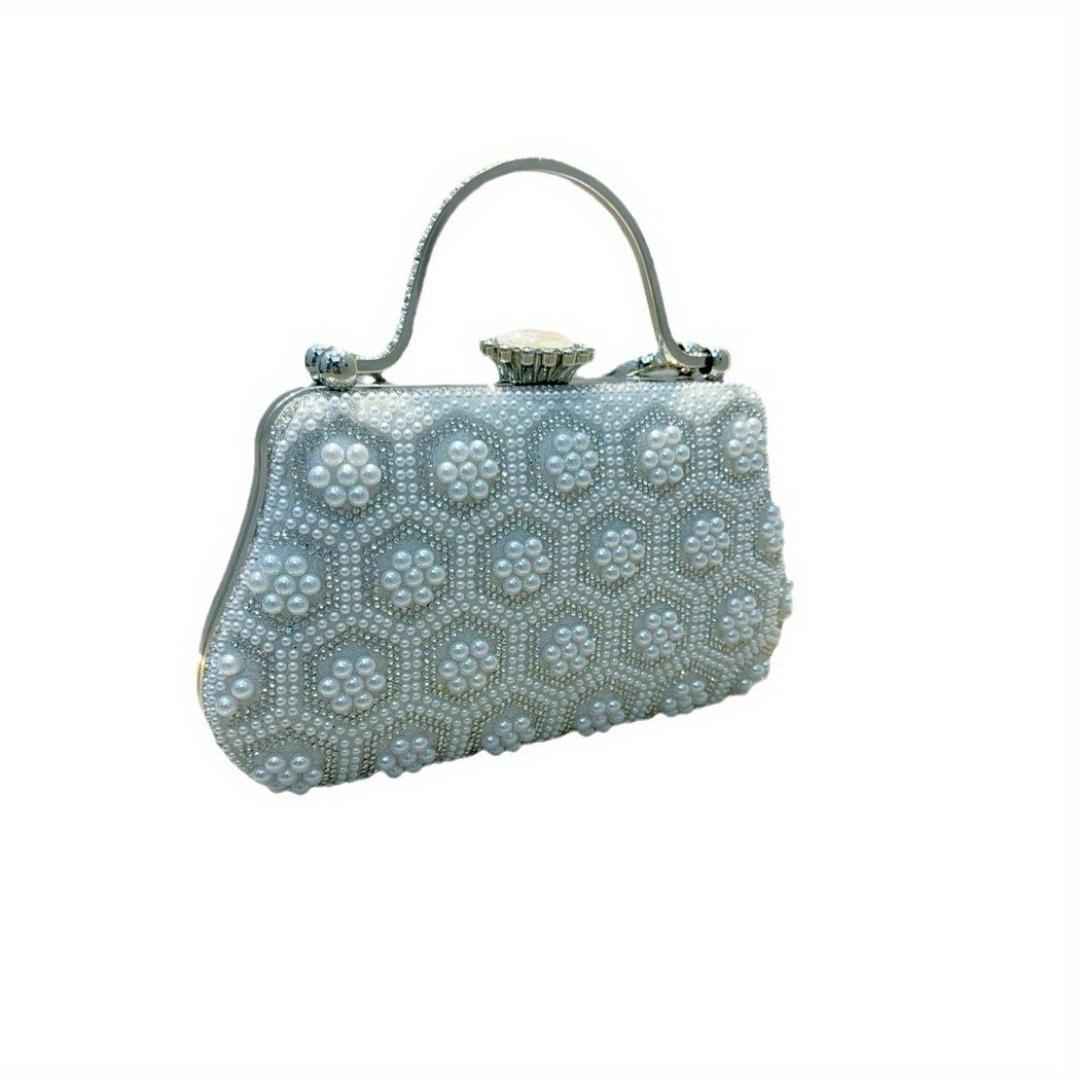 Vintage Evening Purse with Pearl Embellishment - Metal Top Handle & Detachable Crossbody Chain Wedding Clutch M4676-089113