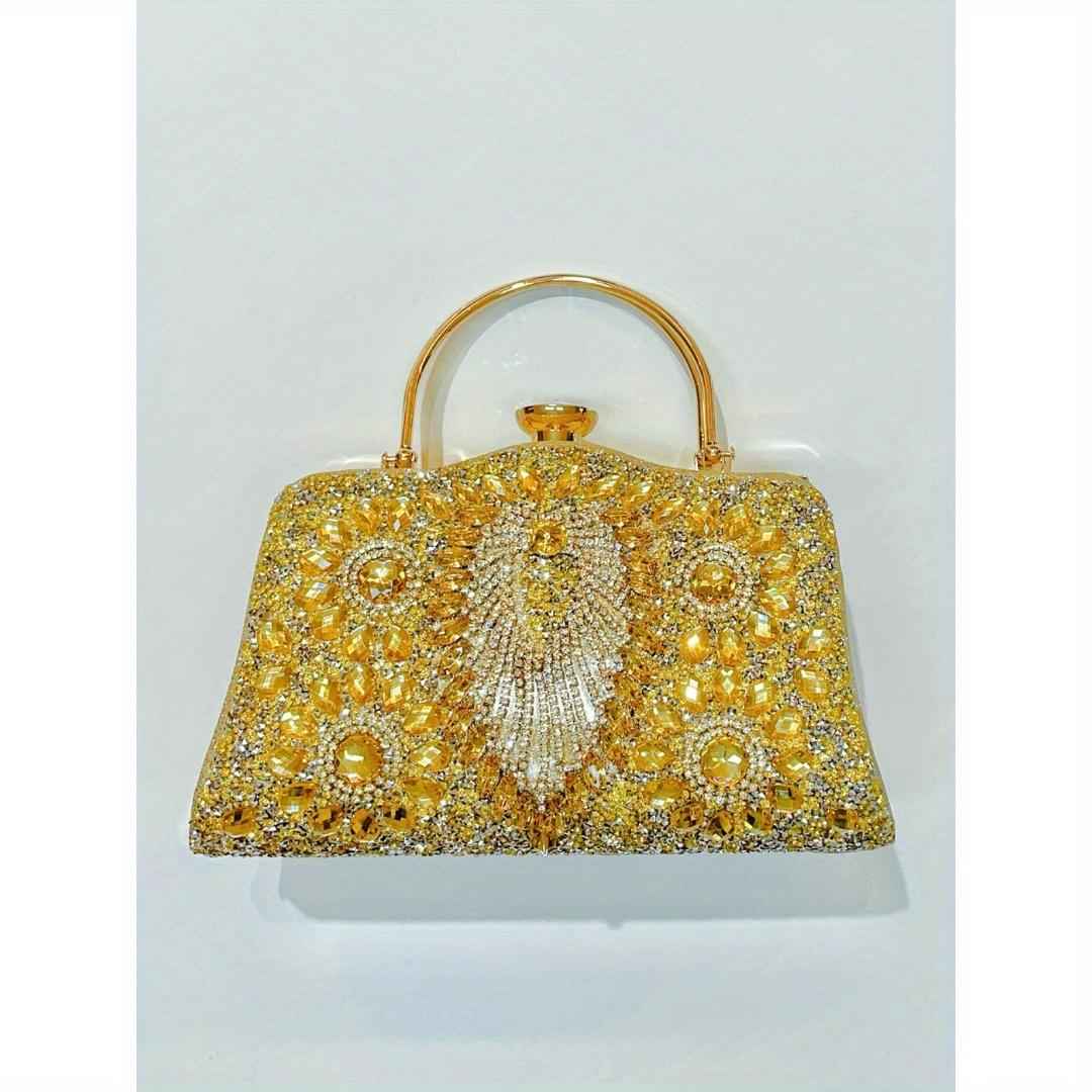 Nightout Bag with Diamond Inlaid Metal Handle - Large Evening Clutch Purse for Ladies Banquet, Single Shoulder & Crossbody Carry