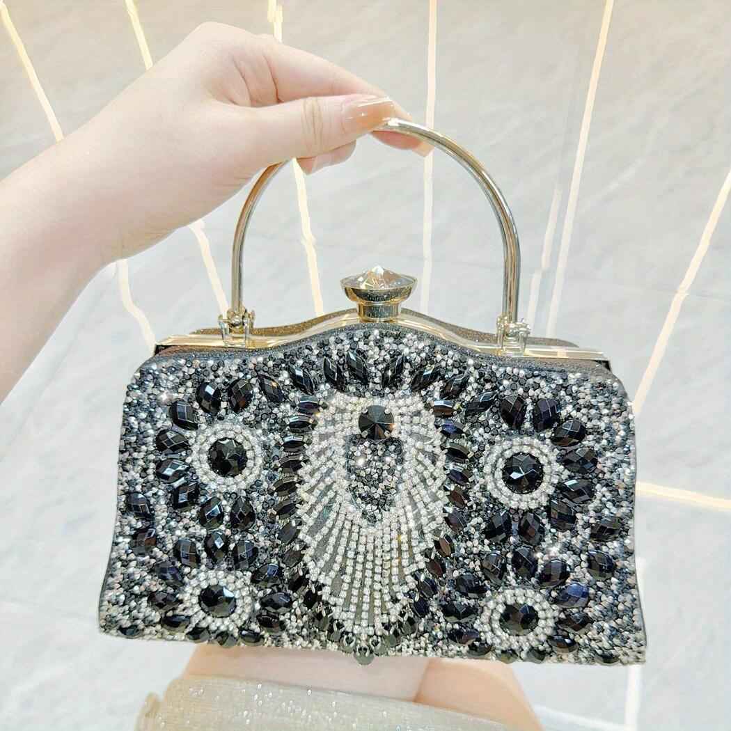 Nightout Bag with Diamond Inlaid Metal Handle - Large Evening Clutch Purse for Ladies Banquet, Single Shoulder & Crossbody Carry